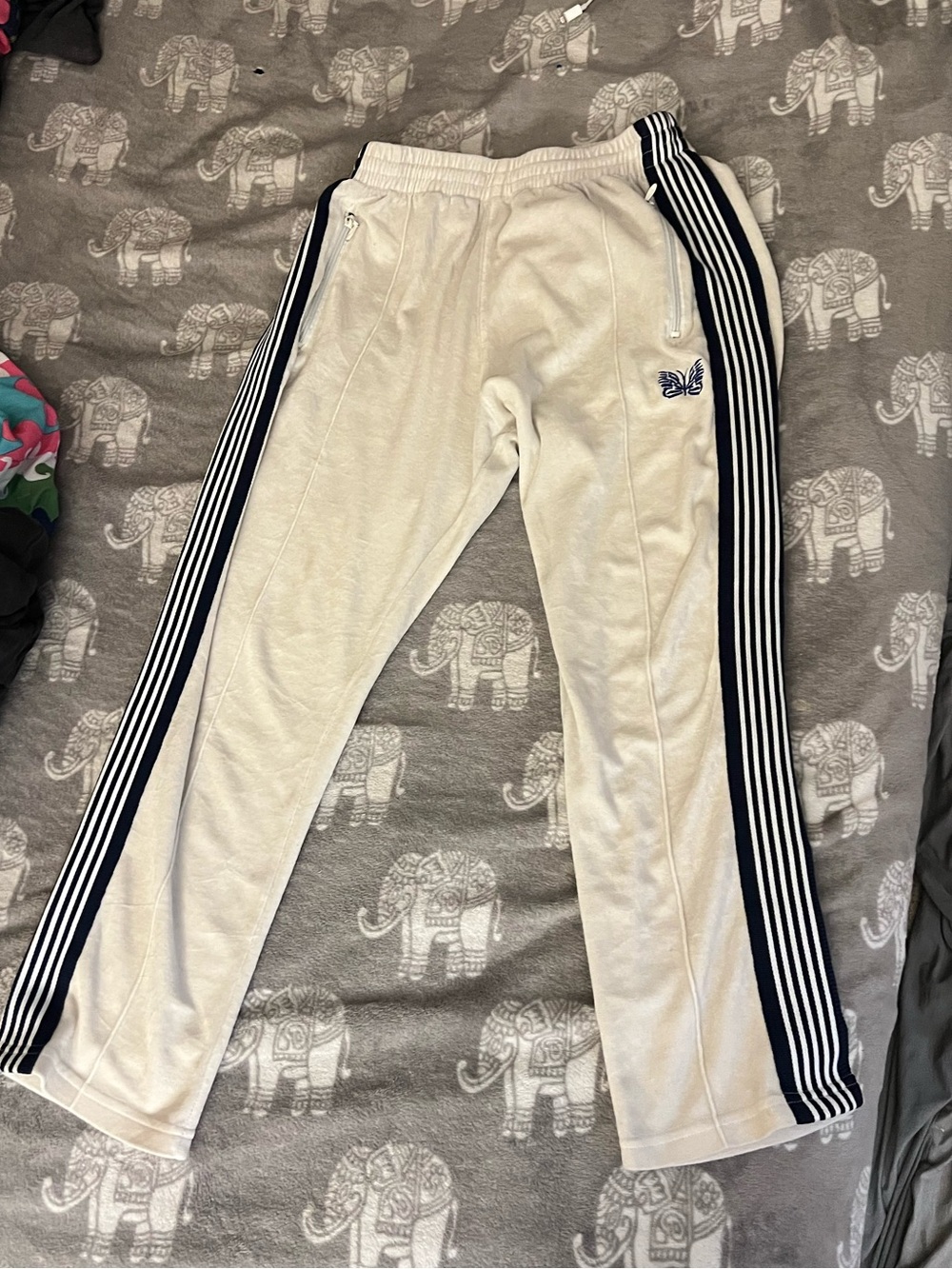 Needles Off-White Navy Velour Track Pants Size Small